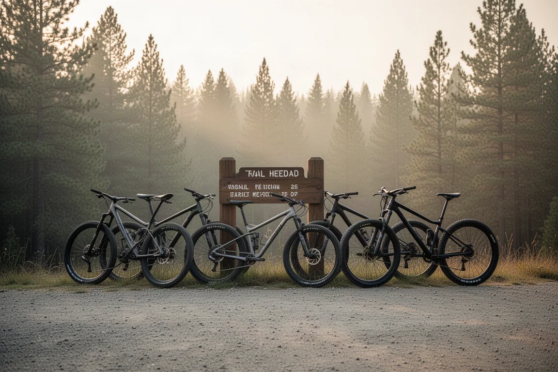 Cinco mountain bikes hardtail enfileiradas na entrada de uma trilha na floresta na hora dourada