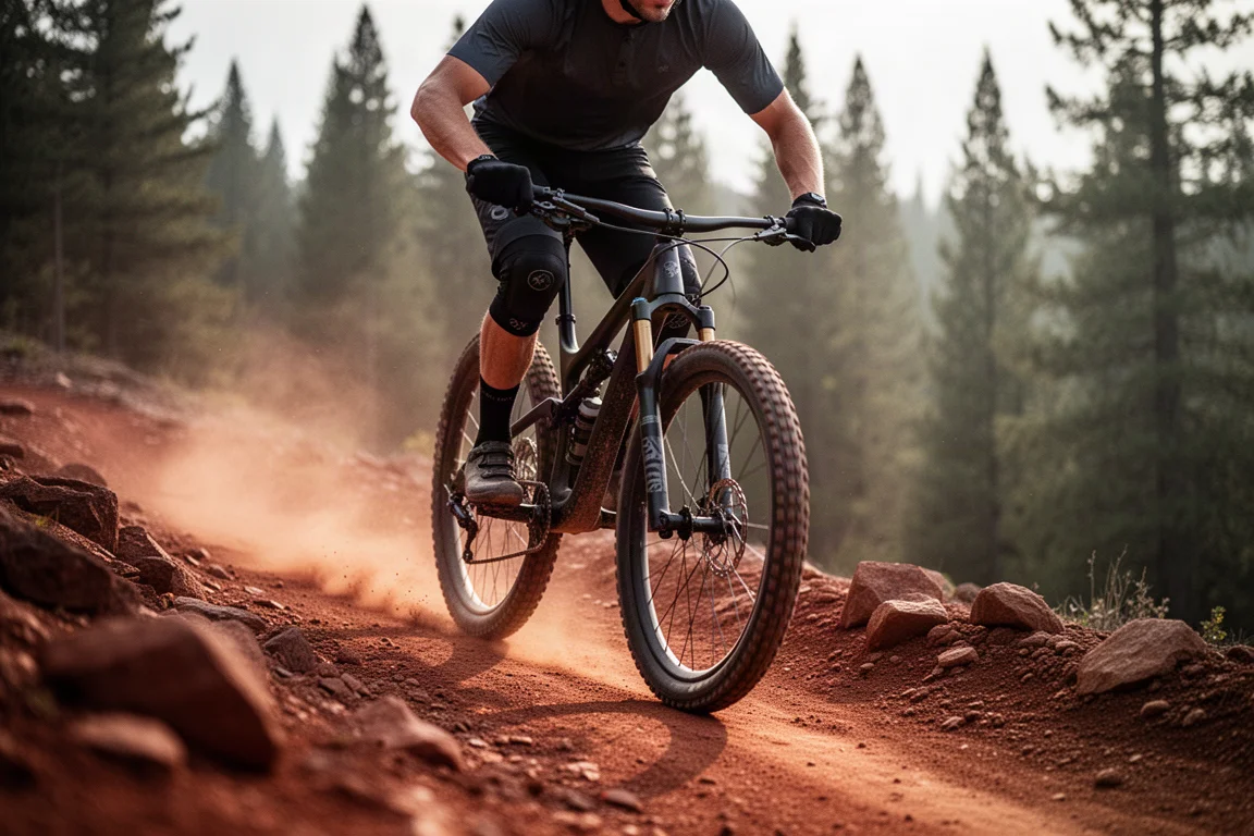 Ciclista descendo uma trilha de mountain bike vermelha e rochosa com a suspensão comprimindo