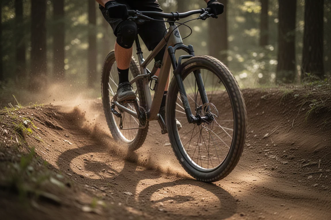 Mountain bike hardtail fazendo uma curva forte em um berm de terra solta