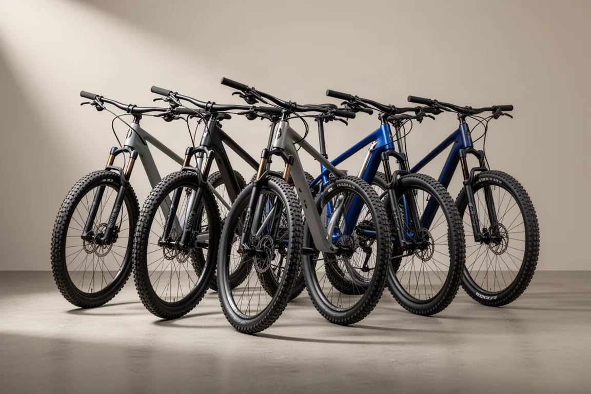 Cinq VTT semi-rigides alignés sur un fond de studio neutre