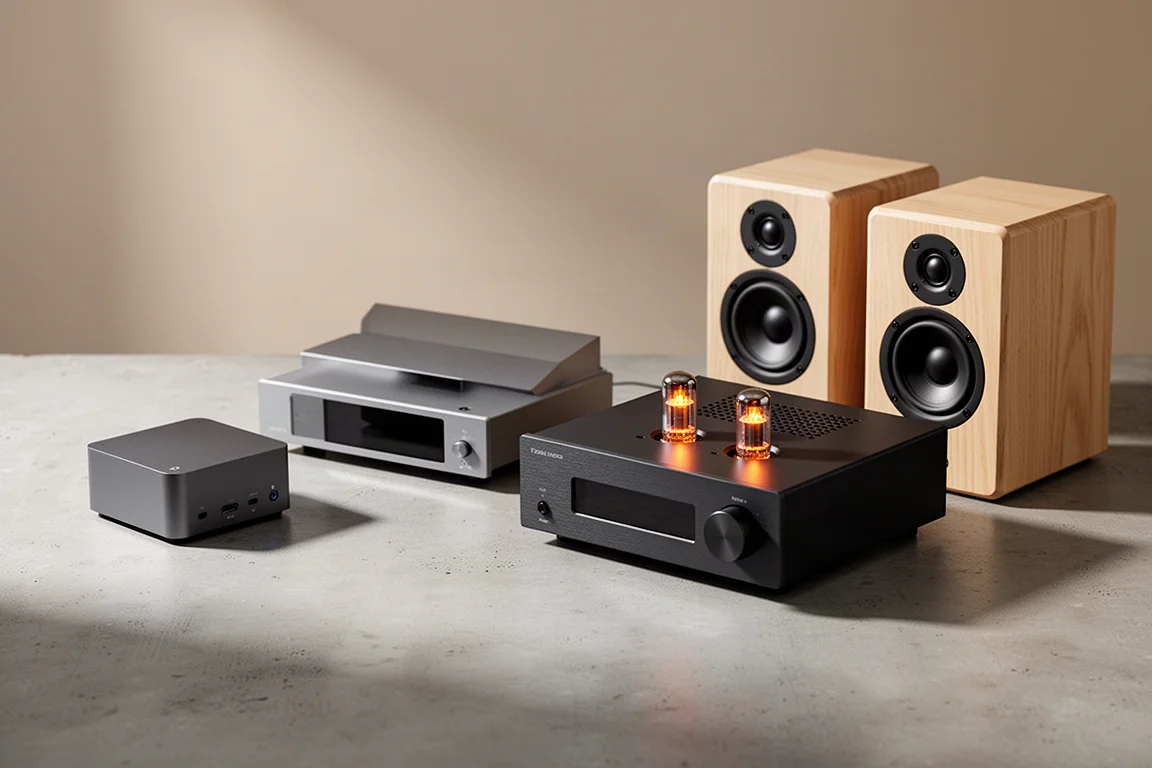 Compact streamer, DAC, tube-buffered amplifier and small bookshelf speakers arranged on concrete