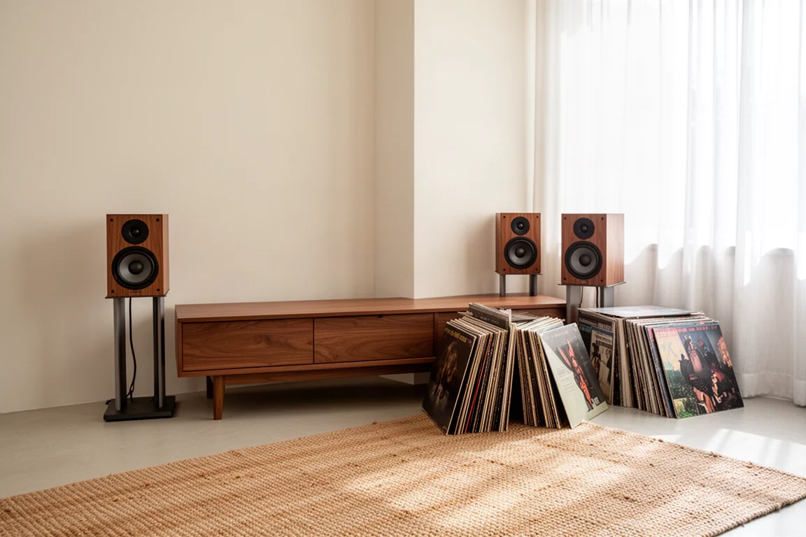 Sala de estar clara com caixas acústicas de estante em suportes, um aparador e uma pilha de discos de vinil