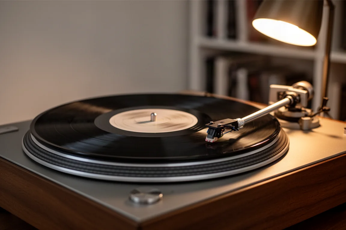 Disco de vinil girando no prato do toca-discos com o braço abaixado sobre o sulco