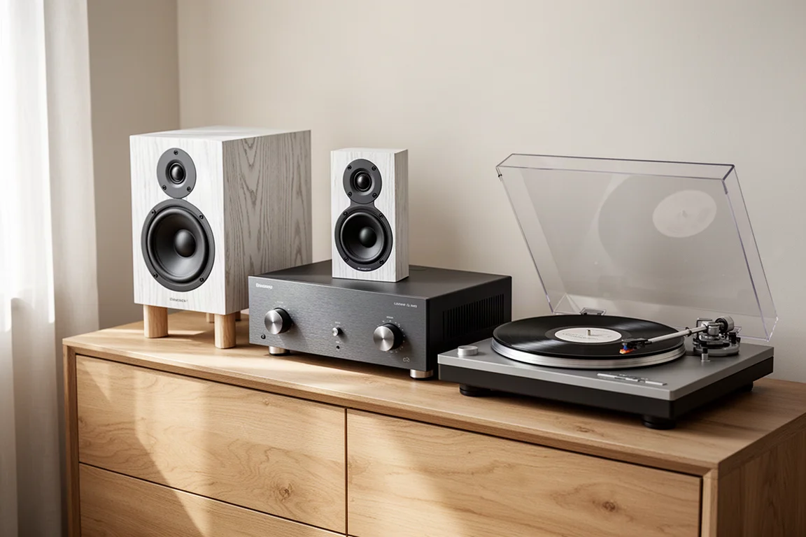 Compact hi-fi system with bookshelf speakers, integrated amplifier and turntable on an oak sideboard