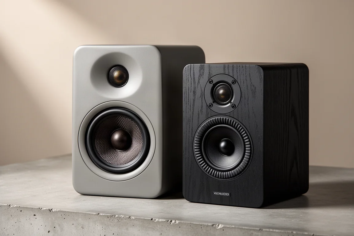 Two compact standmount speakers on concrete, one satin grey and one black ash