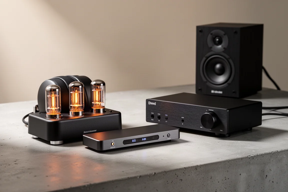 Compact budget hi-fi components arranged on a matte concrete surface