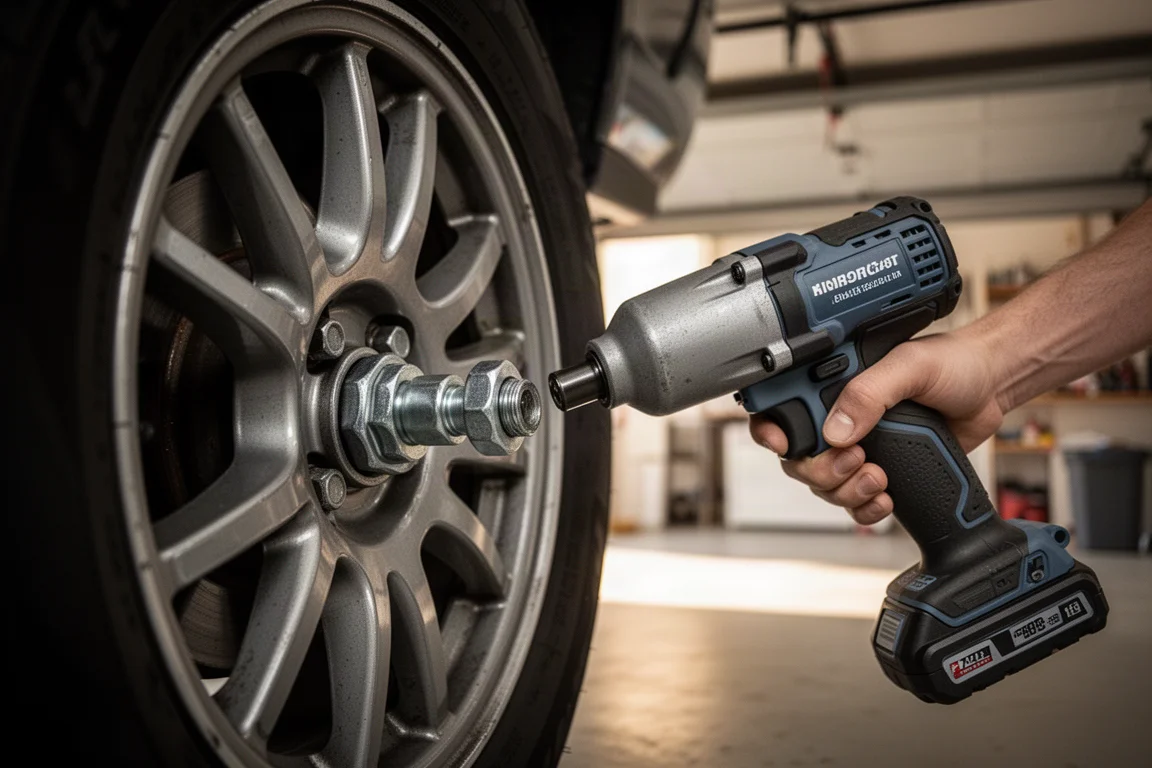 Llave de impacto aflojando una tuerca grande oxidada en la rueda de un coche en un garaje doméstico