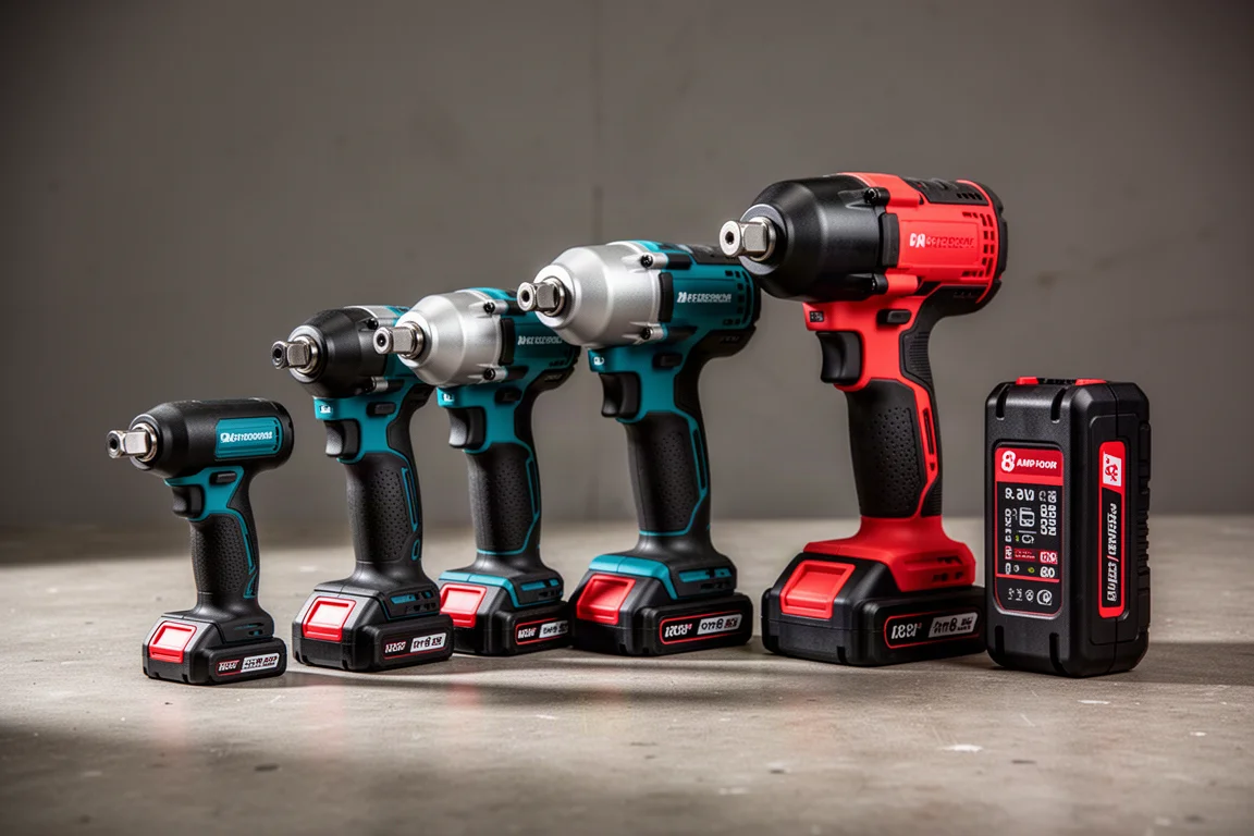 Five cordless impact wrenches of different sizes lined up on a concrete workshop surface with a large battery pack