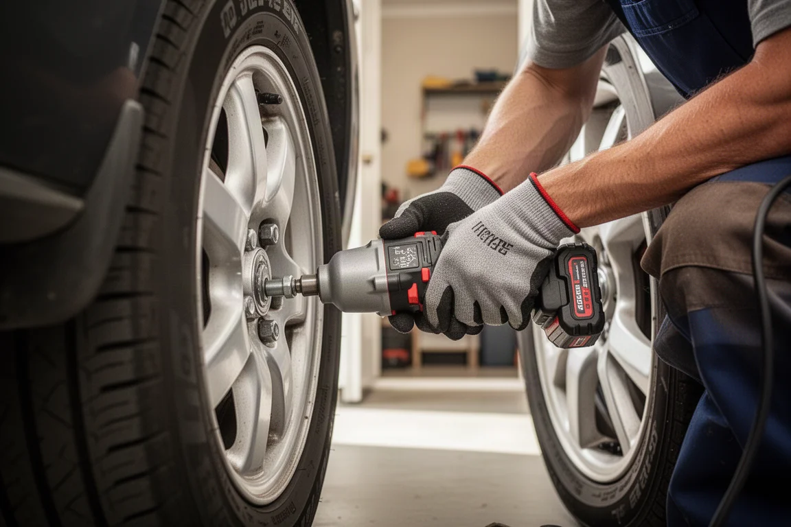 Meccanico che allenta un bullone di ruota con un avvitatore ad impulso a batteria in un garage domestico