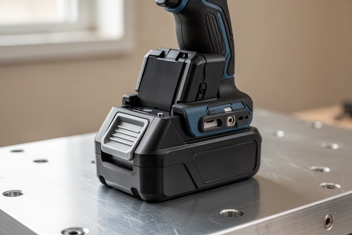 Primo piano del pacco batteria di un avvitatore ad impulso con la leva di sgancio frontale