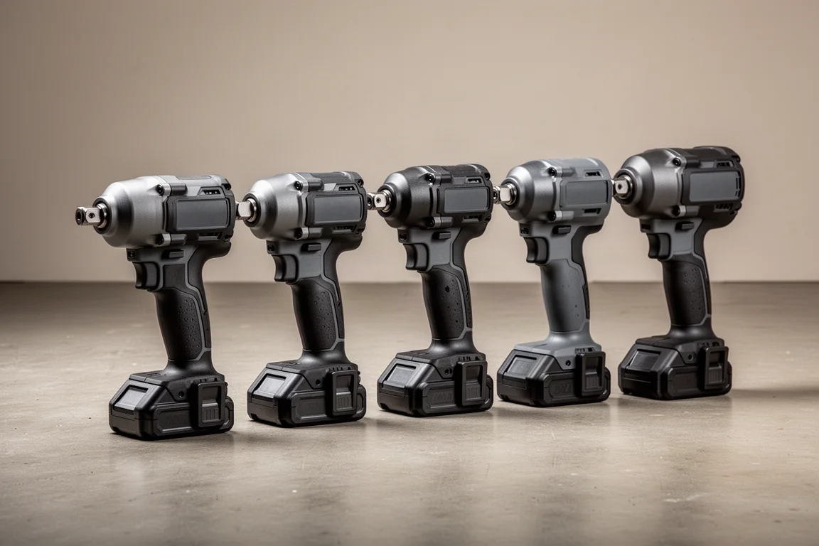 Five cordless impact wrenches lined up on a concrete workshop floor