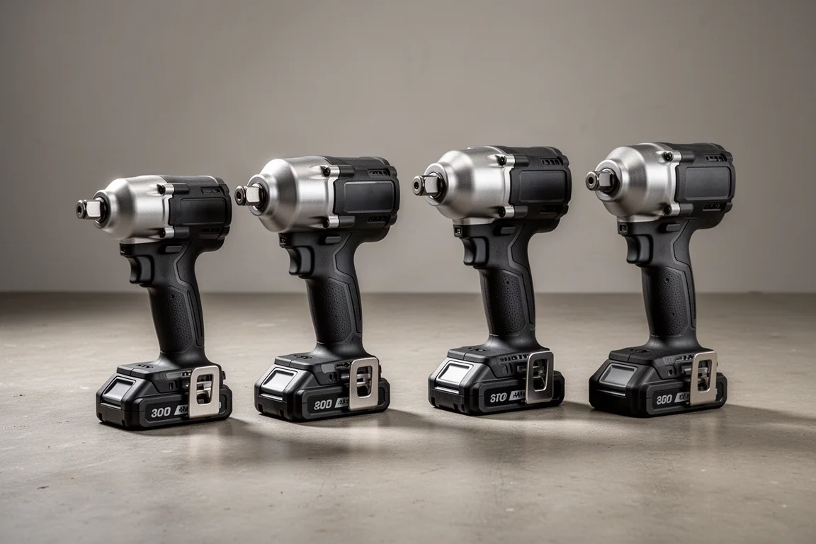 Four cordless impact wrenches lined up on a concrete workshop floor