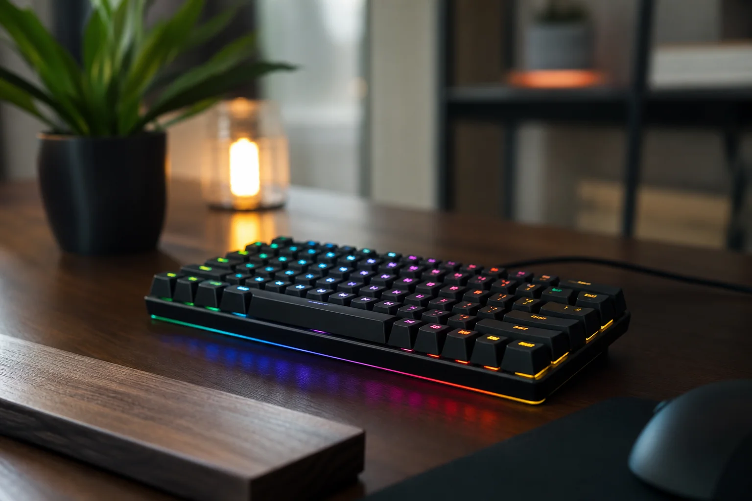 RGB mechanical keyboard with illuminated keys on dark wooden desk