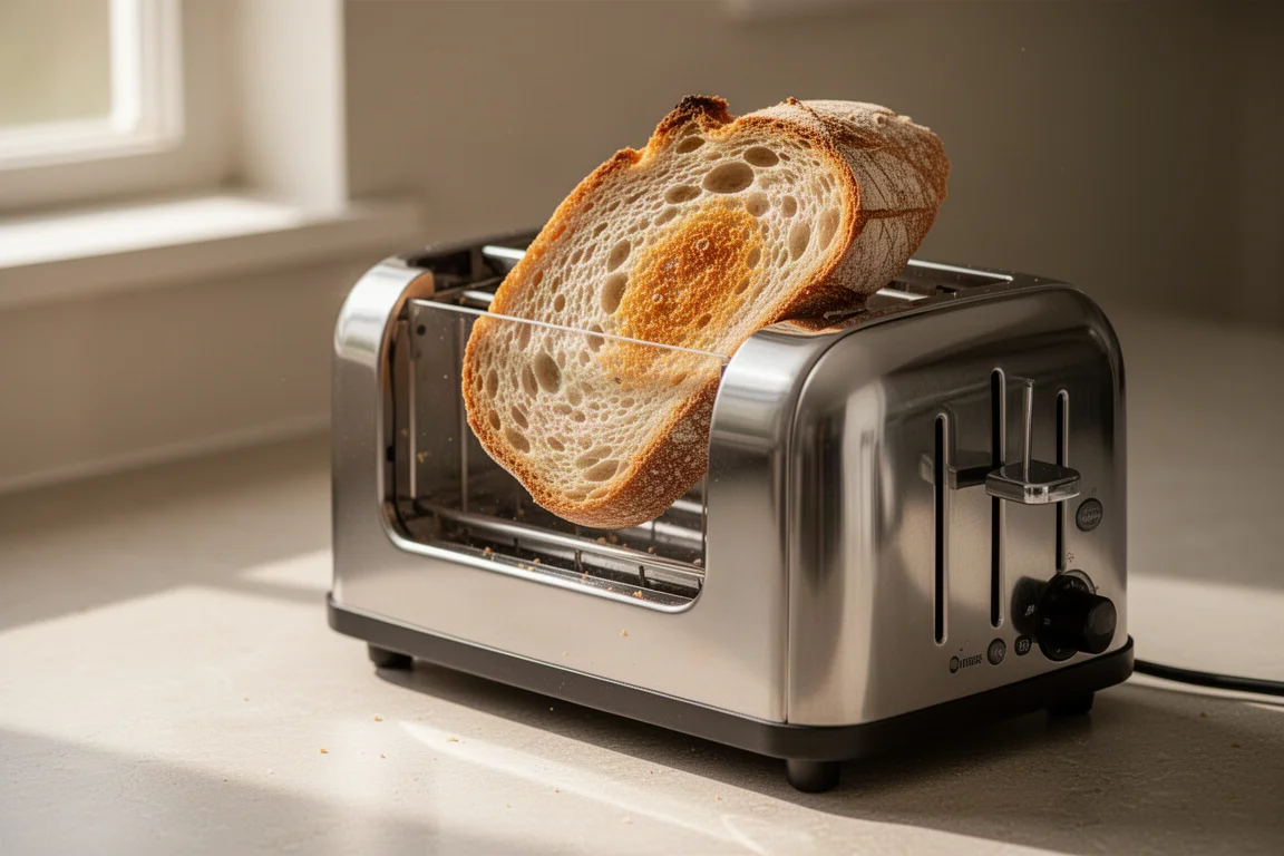 Golden artisan bread slice lifting out of a long slot toaster