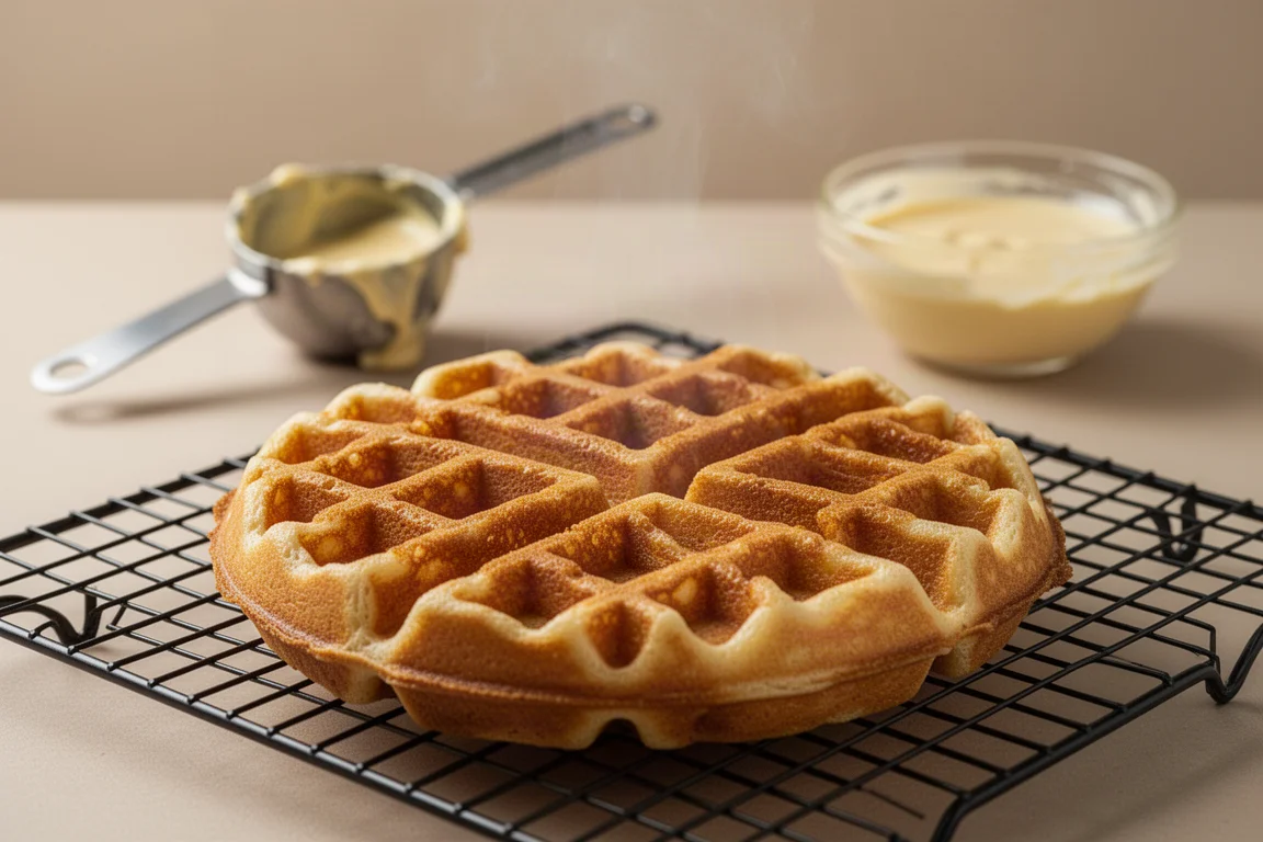 Freshly flipped Belgian waffle with deep golden grid pattern