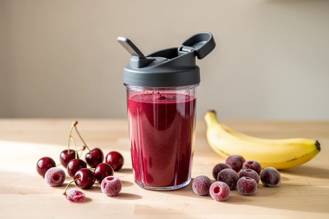 Personal blender cup filled with smooth cherry smoothie