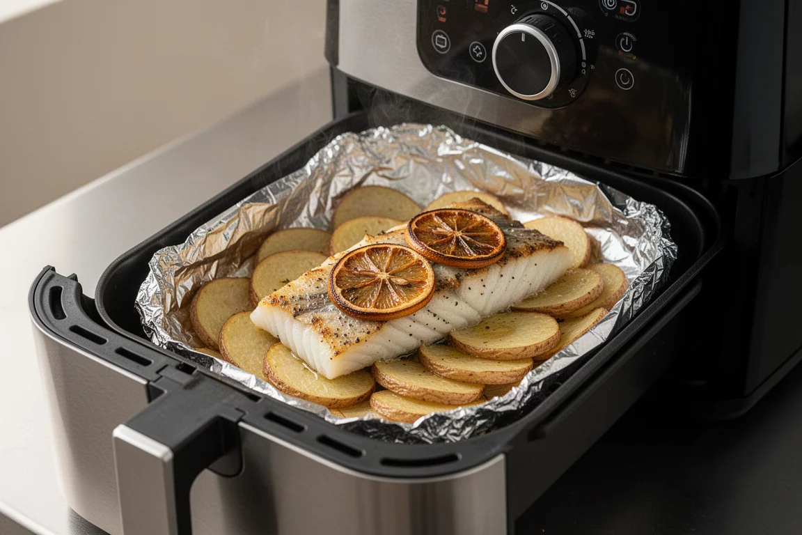 Air fryer basket holding crispy roasted potato shingles and cooked cod