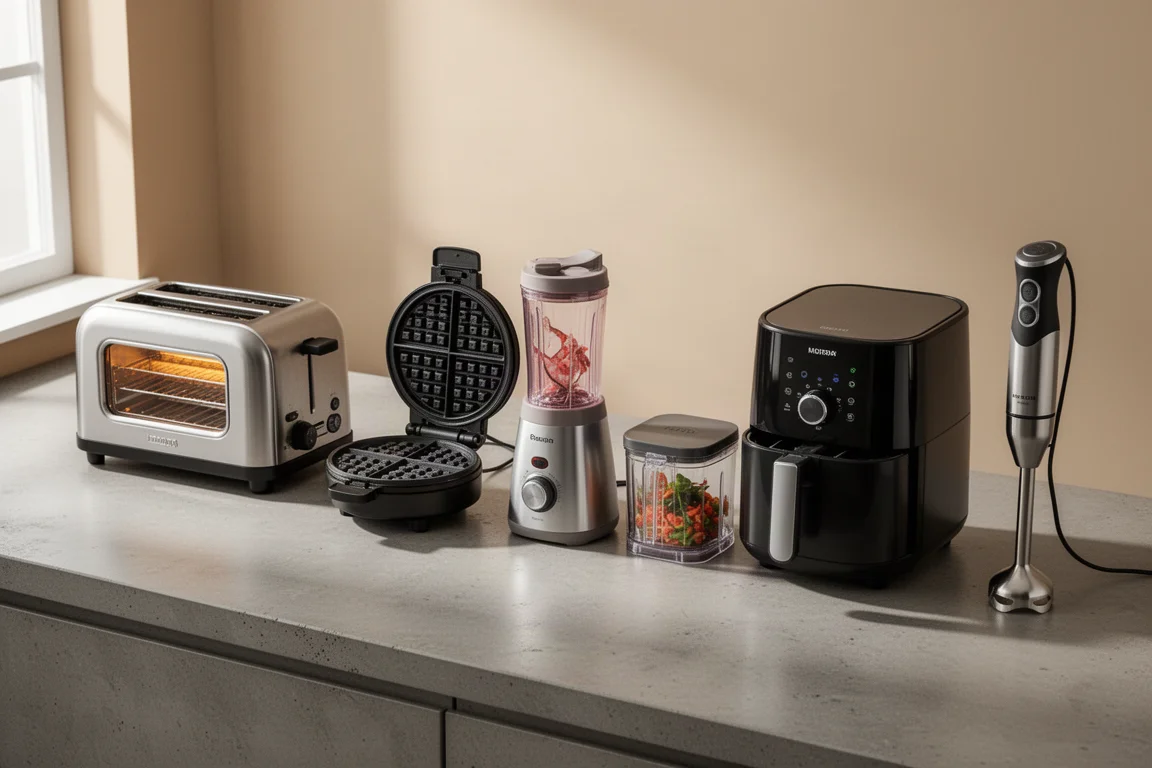 Six small kitchen appliances lined up on a concrete counter including a toaster, waffle maker, blender, food processor, air fryer, and immersion blender