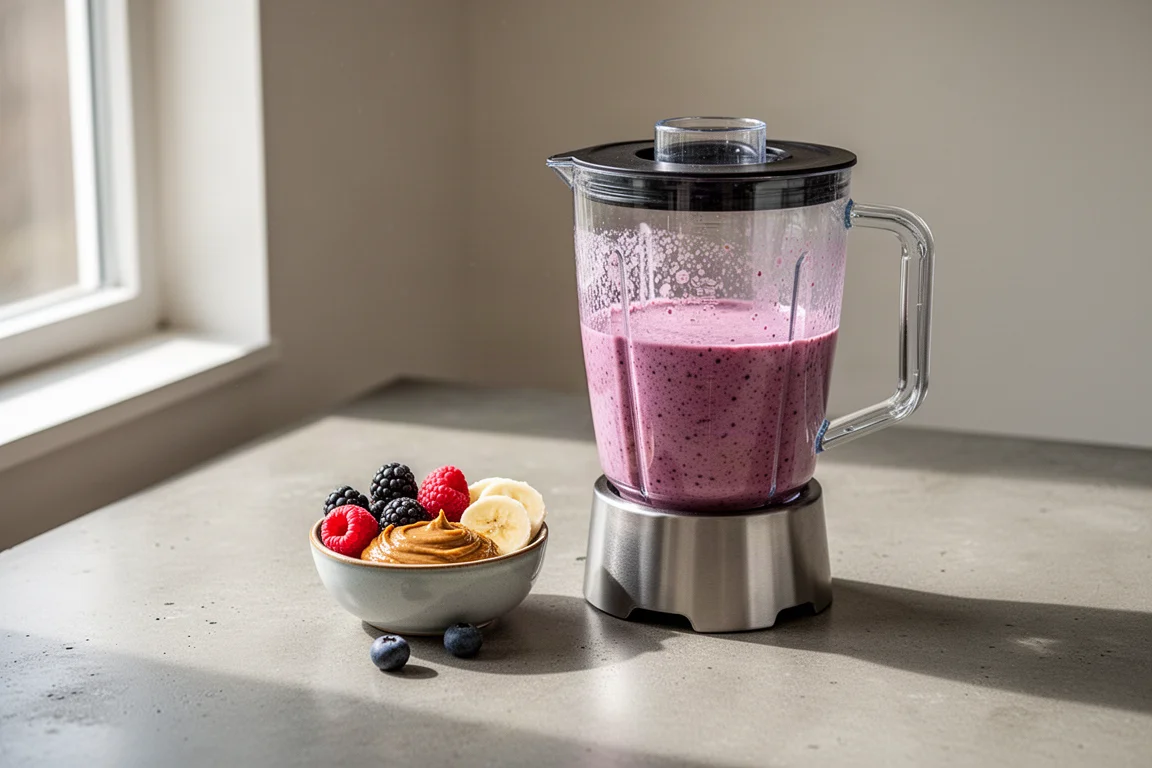 Fresh fruit smoothie ingredients arranged on a kitchen counter next to a blender jar