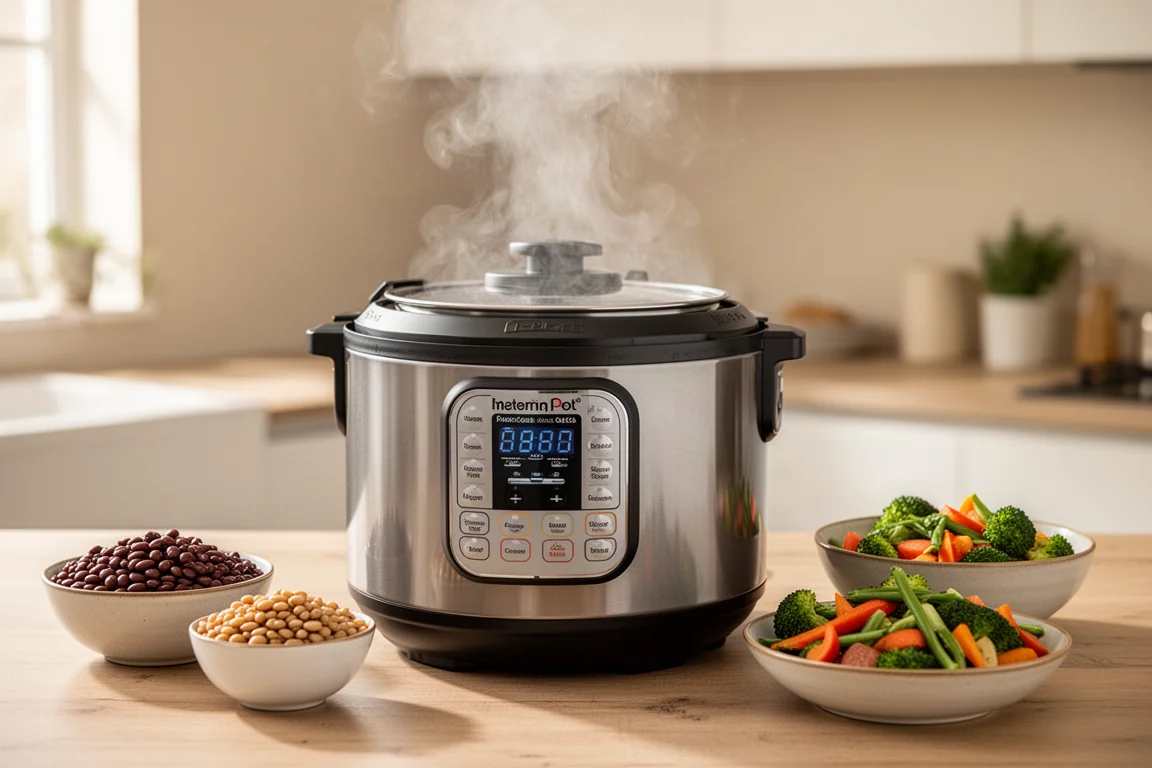 Multi-cooker producing steam in a home kitchen during dinner preparation