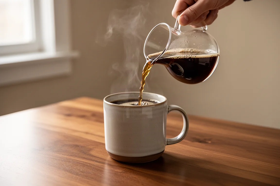 Pouring freshly brewed filter coffee into a glass carafe on a counter