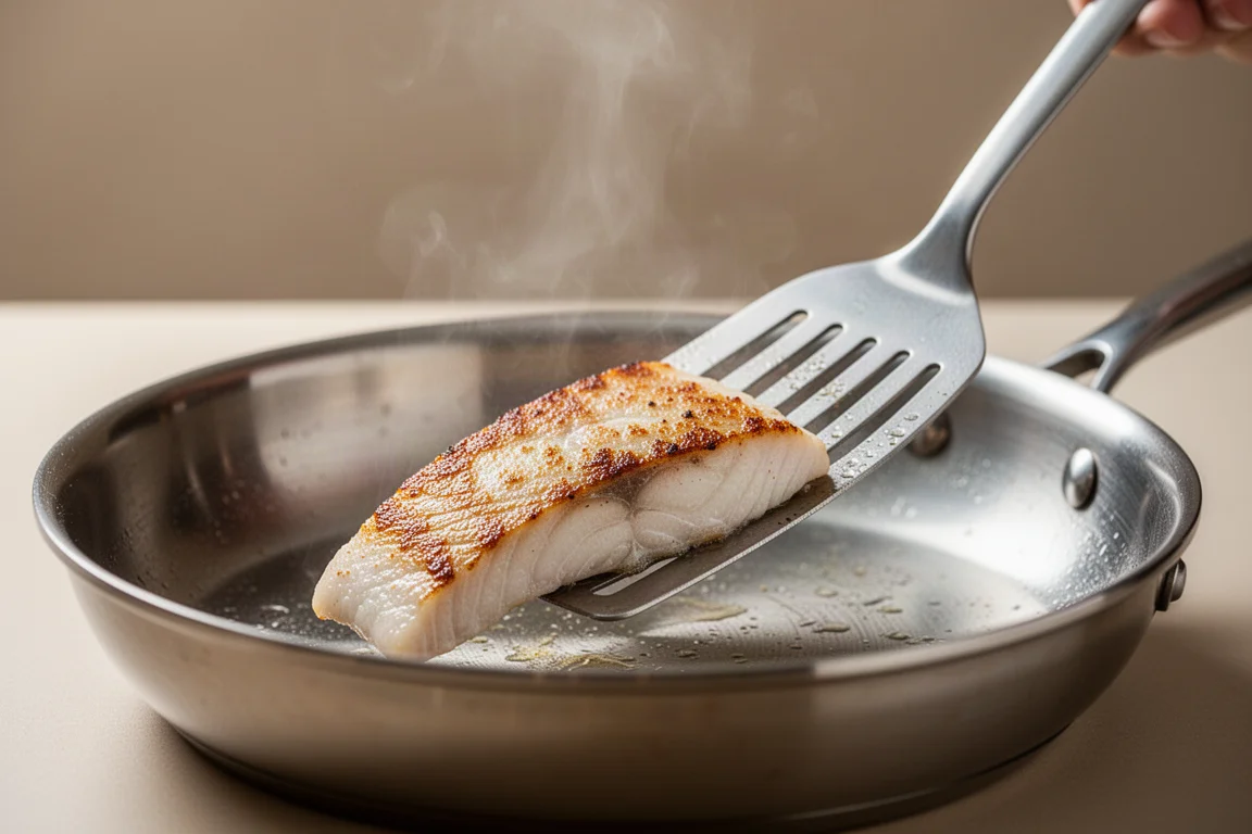 Fish spatula lifting a cooked fillet from a frying pan