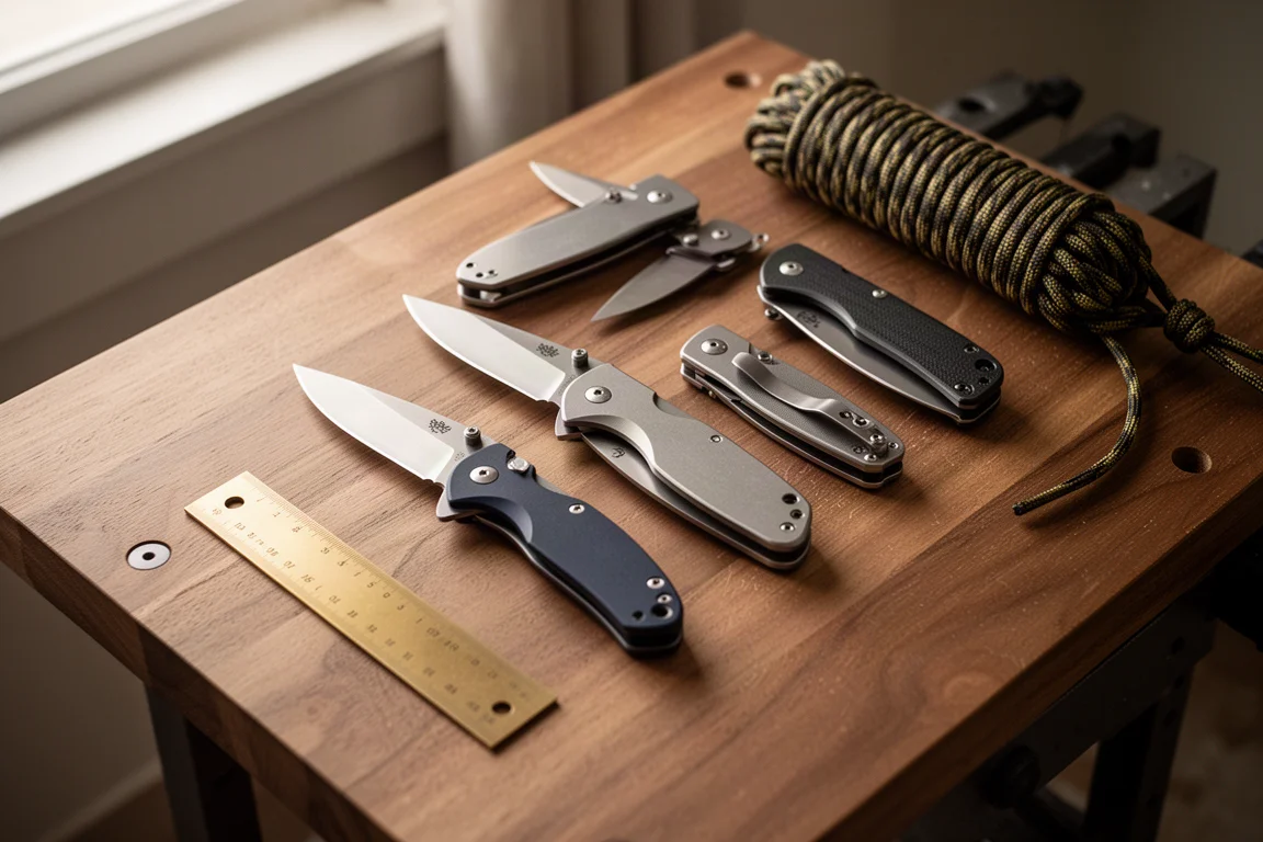 Collection of folding pocket knives laid out on a wooden workbench