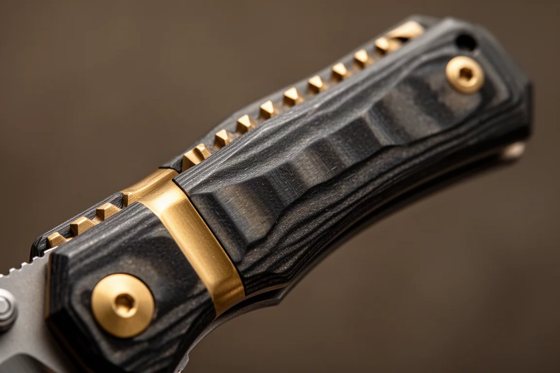 Close-up of a knife handle showing textured G10 scales and a brass pivot collar