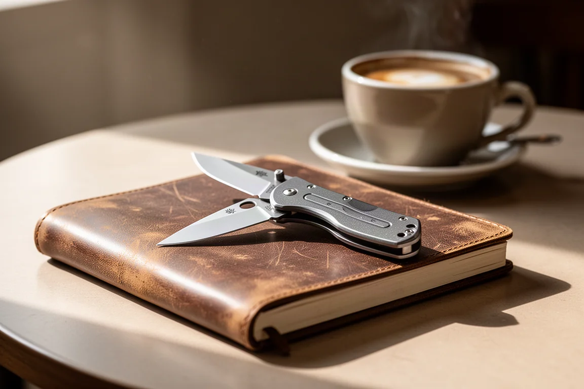 Pocket knife partially open on a leather notebook during everyday use
