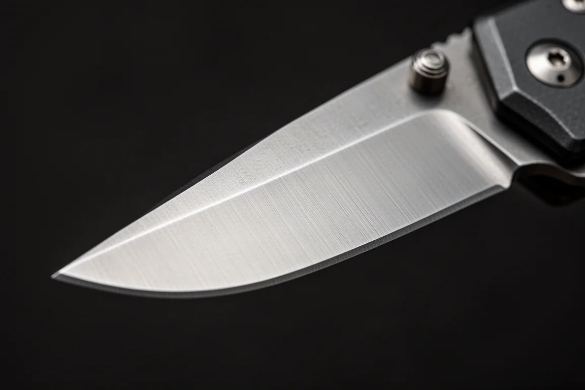 Knife blade edge in sharp focus showing grind lines under studio light