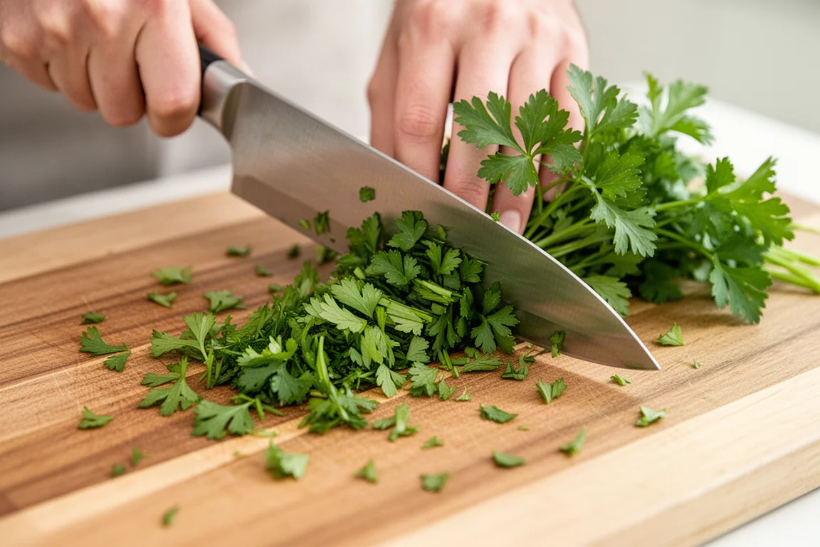 Cook chopping fresh parsley on a wooden cutting board in bright kitchen light