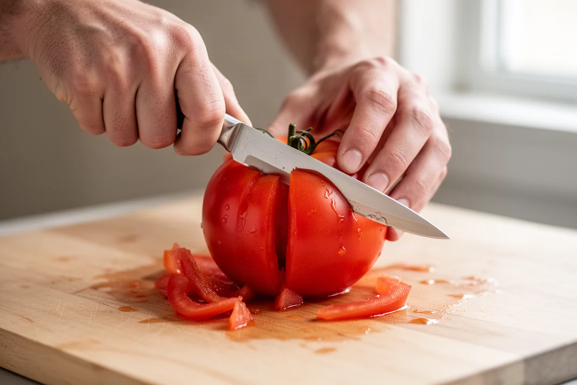 Hands coring a ripe tomato with a small paring knife over a cutting board