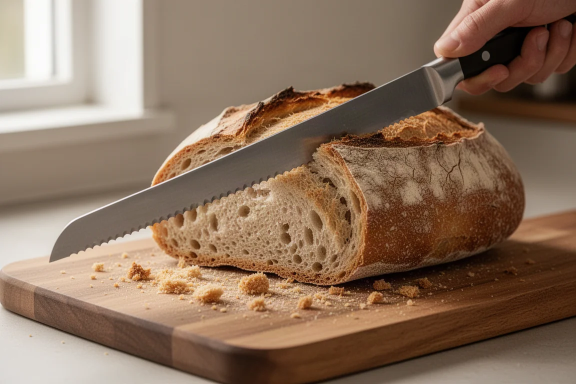Serrated bread knife slicing through a crusty loaf with even crumbs