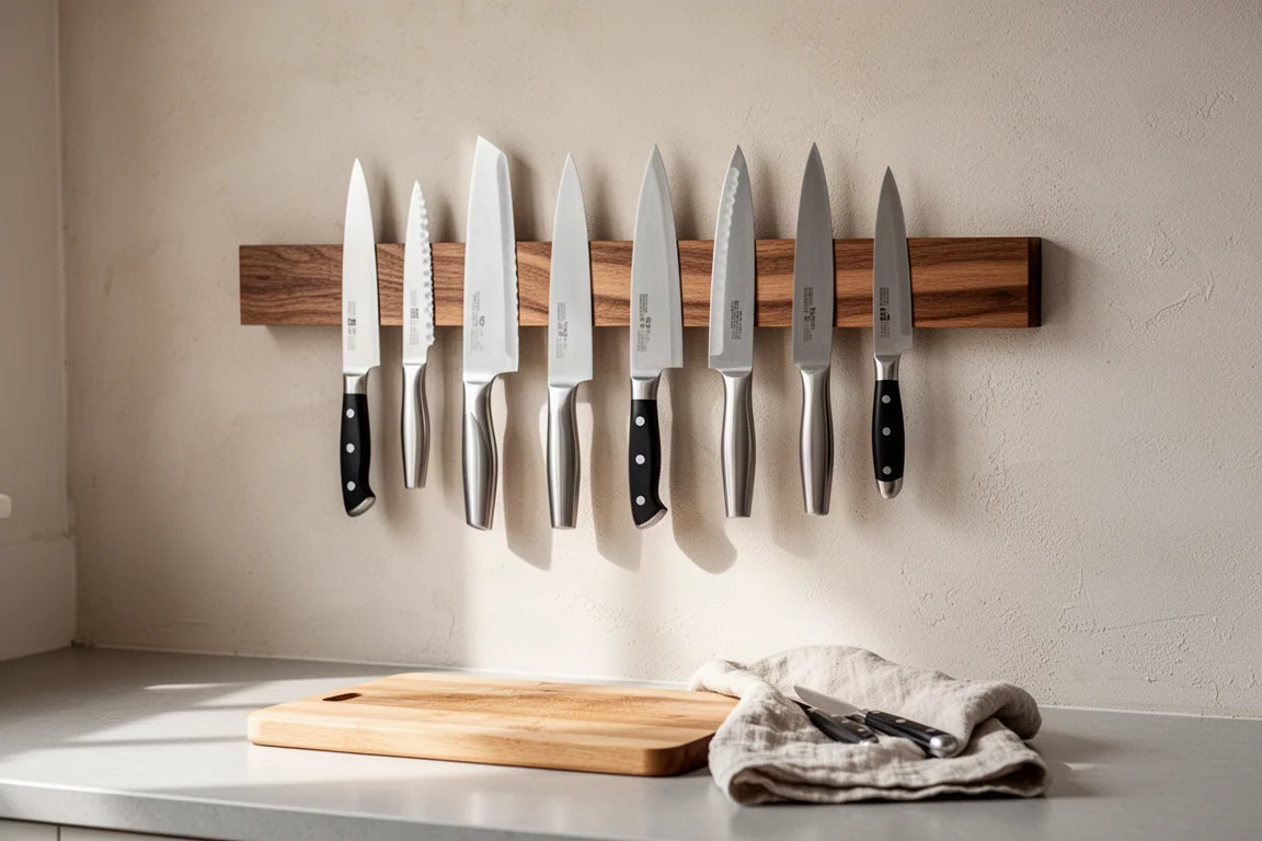 Magnetic wall strip holding kitchen knives above a tidy countertop