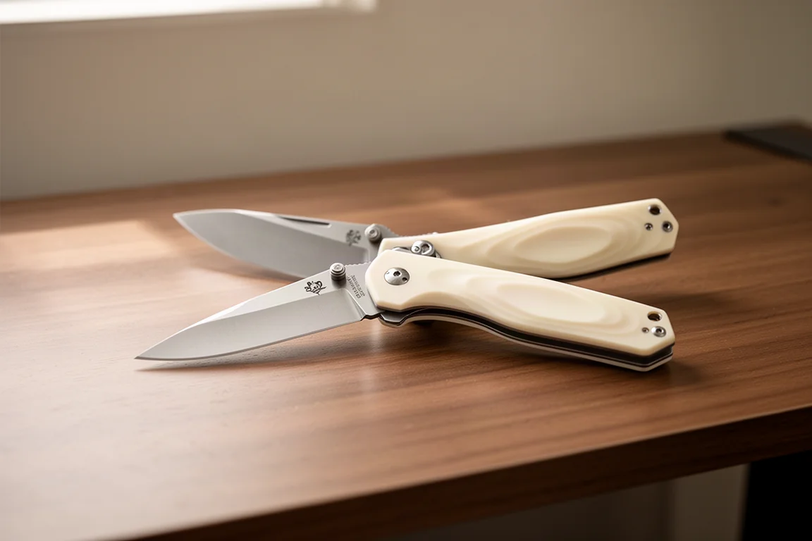 Crèmekleurig slip joint-mes met G10-handvat, open op een houten bureau