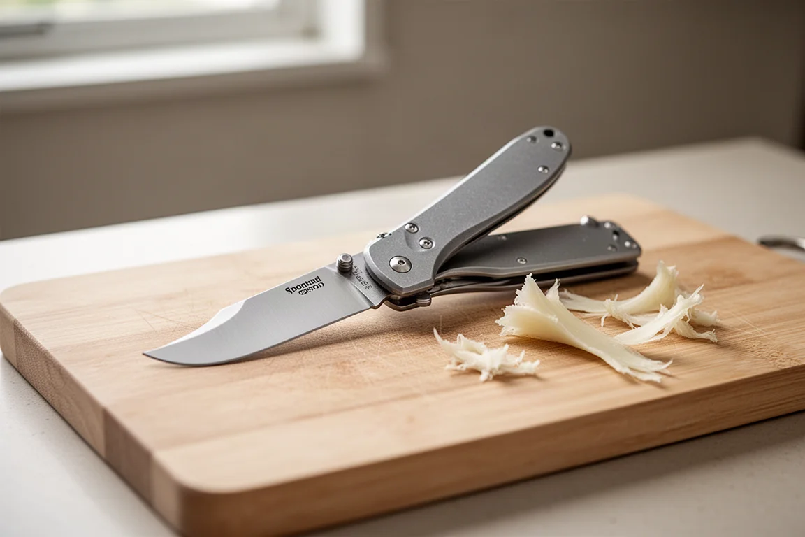 Klappermes met sheep's foot-lempje, rustend op een snijplank