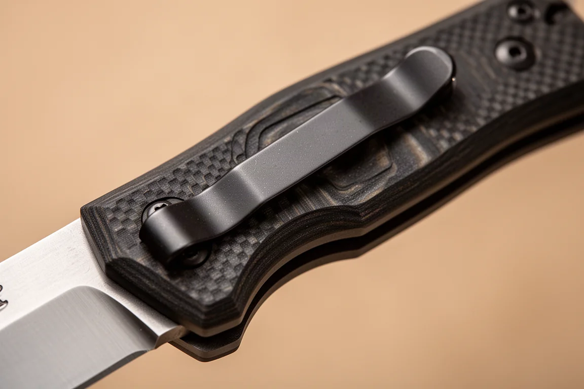 Primo piano di un manico di coltello in G10 texture sotto una luce calda al chiuso