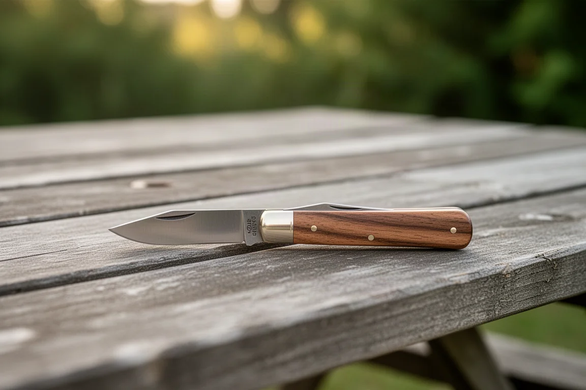 Un coltello pieghevole tradizionale con manico in legno su un tavolo da picnic all'aperto