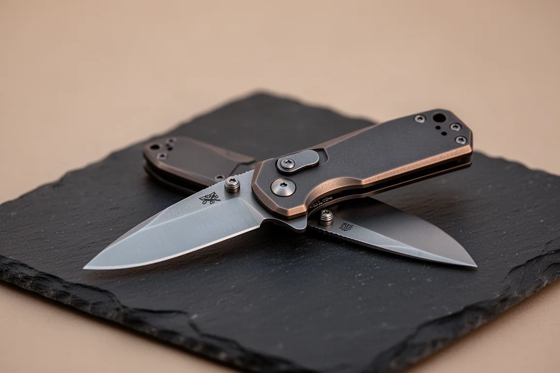 Un coltello pieghevole compatto con serratura a pulsante tenuto aperto in una luce serale soffusa