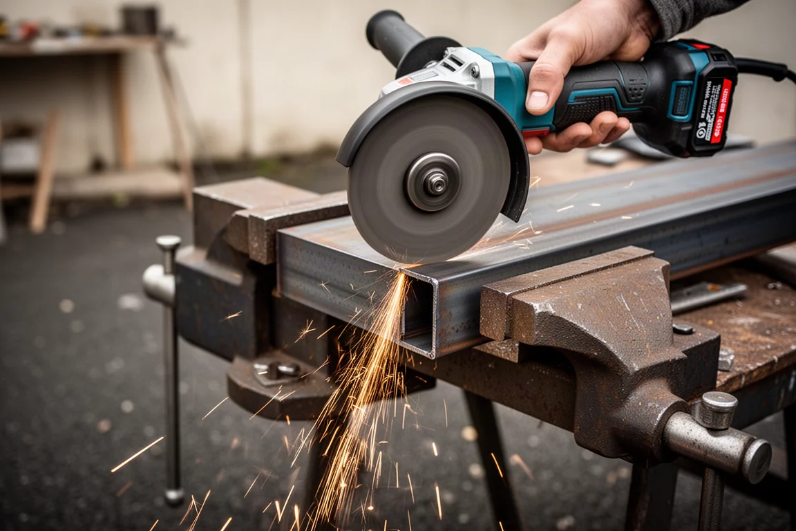 Angle grinder cutting through steel box section with sparks flying