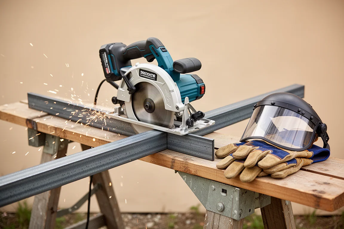 Circular saw cutting a steel angle with protective chips flying