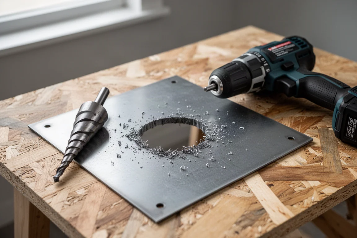 Cordless drill and step drill bit resting on steel sheet