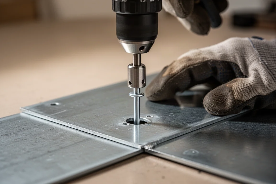 Drill-mounted rivet attachment pulling a rivet into steel sheet