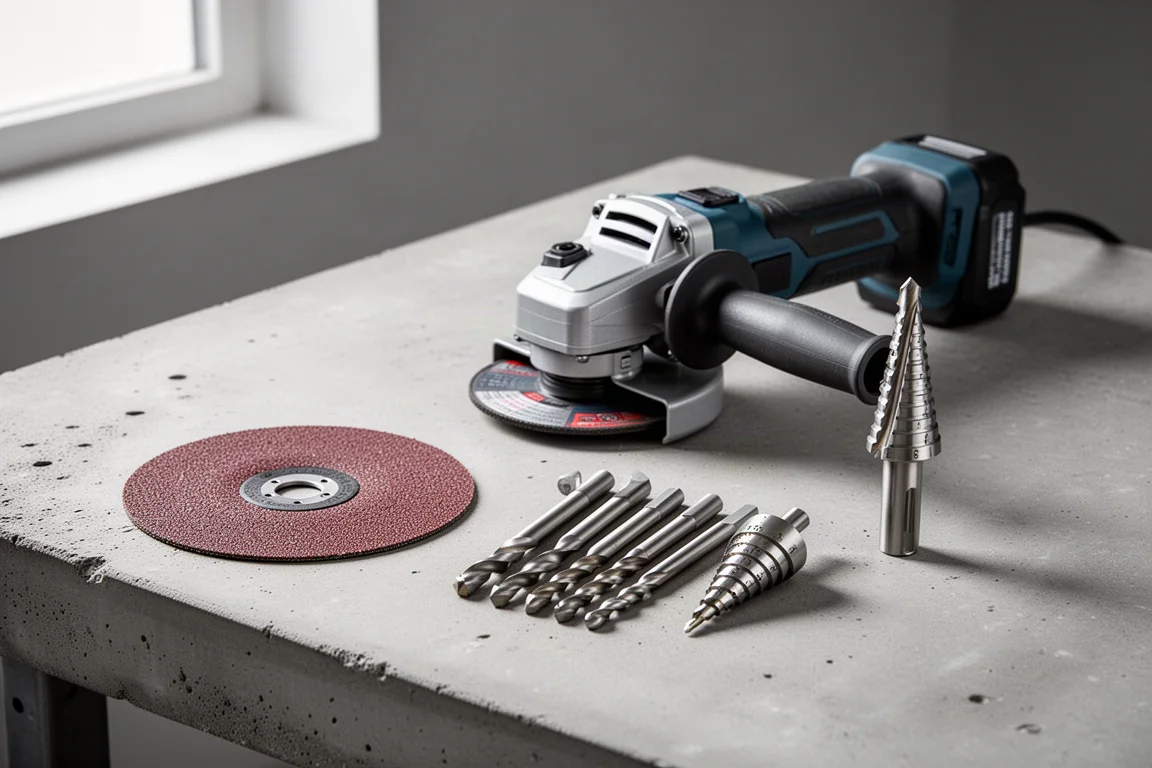 Assorted metalwork tools including cutting discs, angle grinder and drill bits on a concrete surface