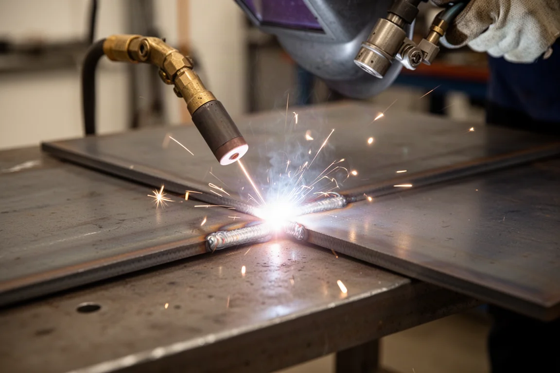 Un soudeur assemble deux plaques d'acier sous une lumière d'arc éclatante dans un atelier