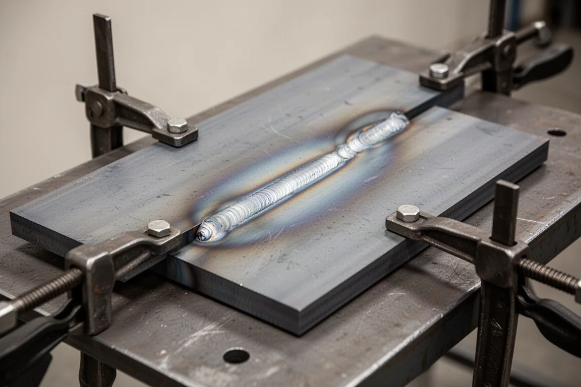 Plaques d'acier fraîchement soudées, fixées sur une table de fabrication