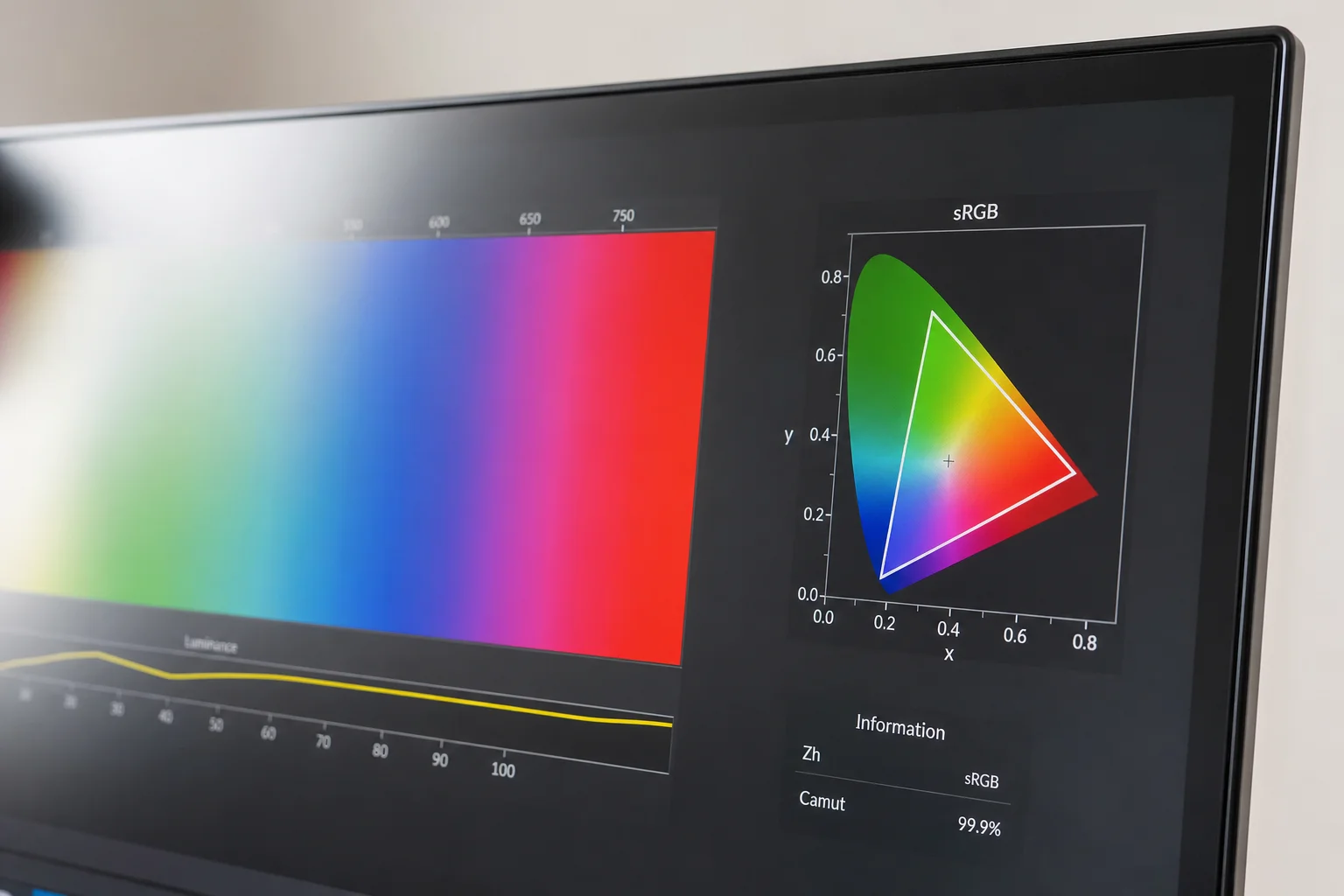 Monitor screen displaying full-spectrum colour gradient and sRGB visualization
