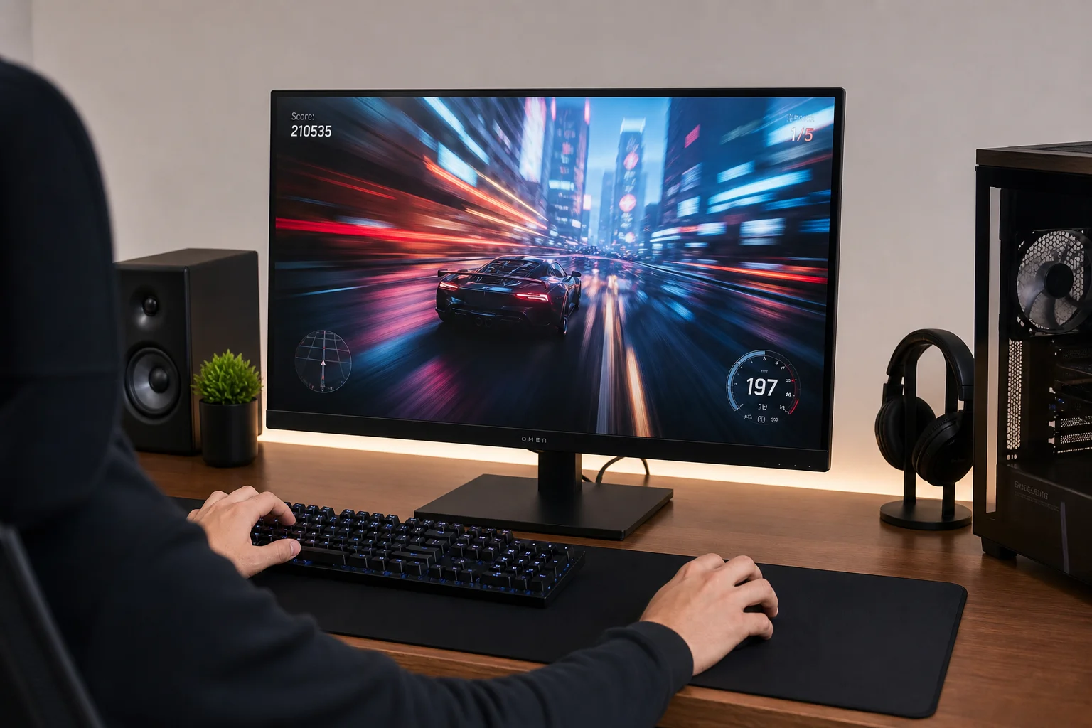 Gamer at desk with 27-inch monitor displaying fast-paced gaming scene