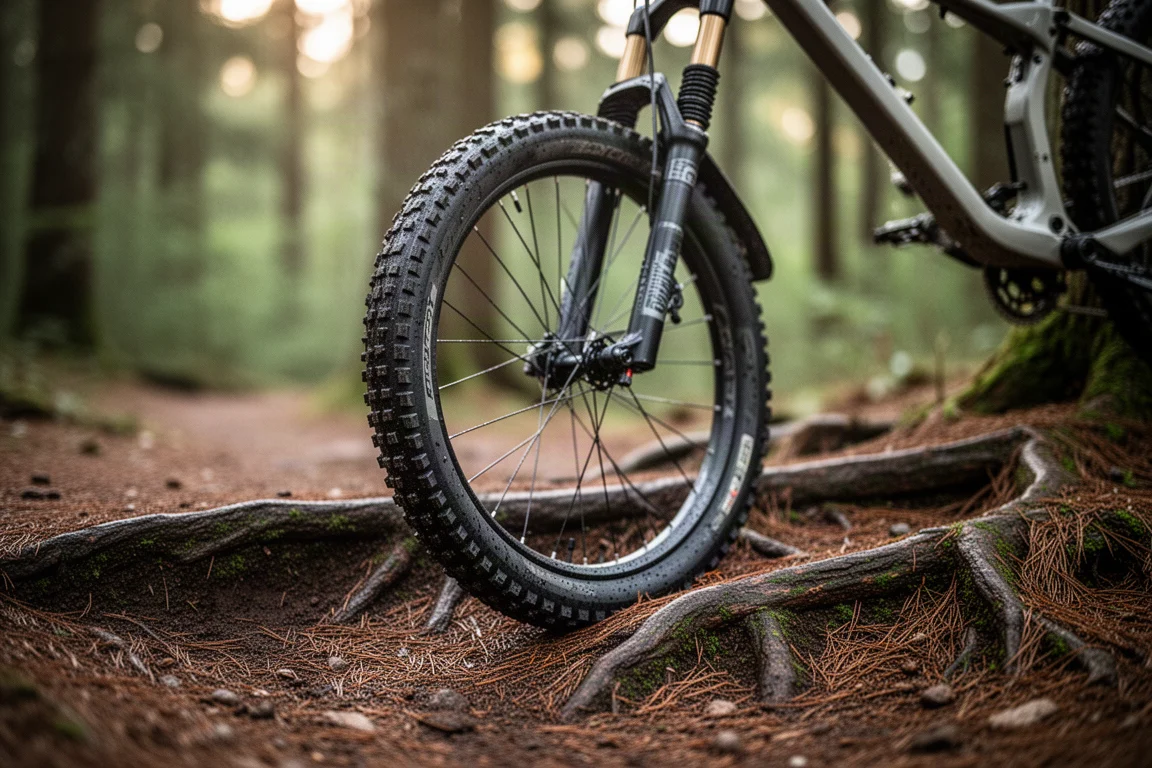 Close-up de um garfo e da roda dianteira de uma mountain bike em uma trilha na floresta