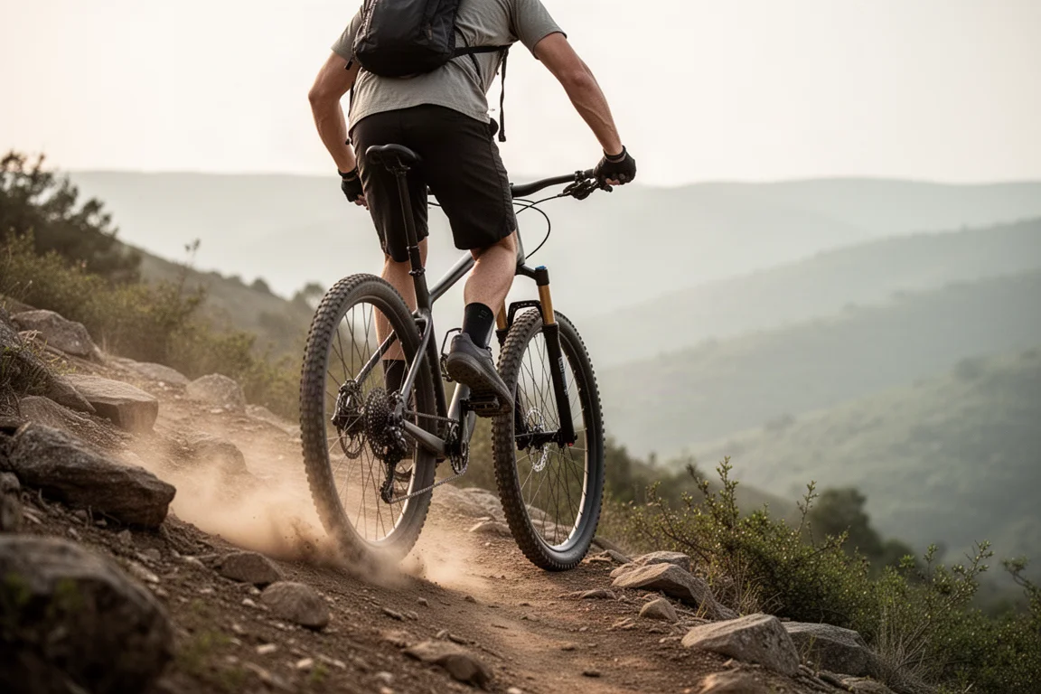 Rider subindo um trecho rochoso em uma hardtail mountain bike